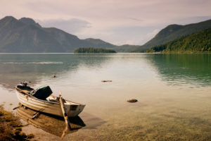 Rowing boat on Lake Walchensee Rowing boat on Lake Walchensee